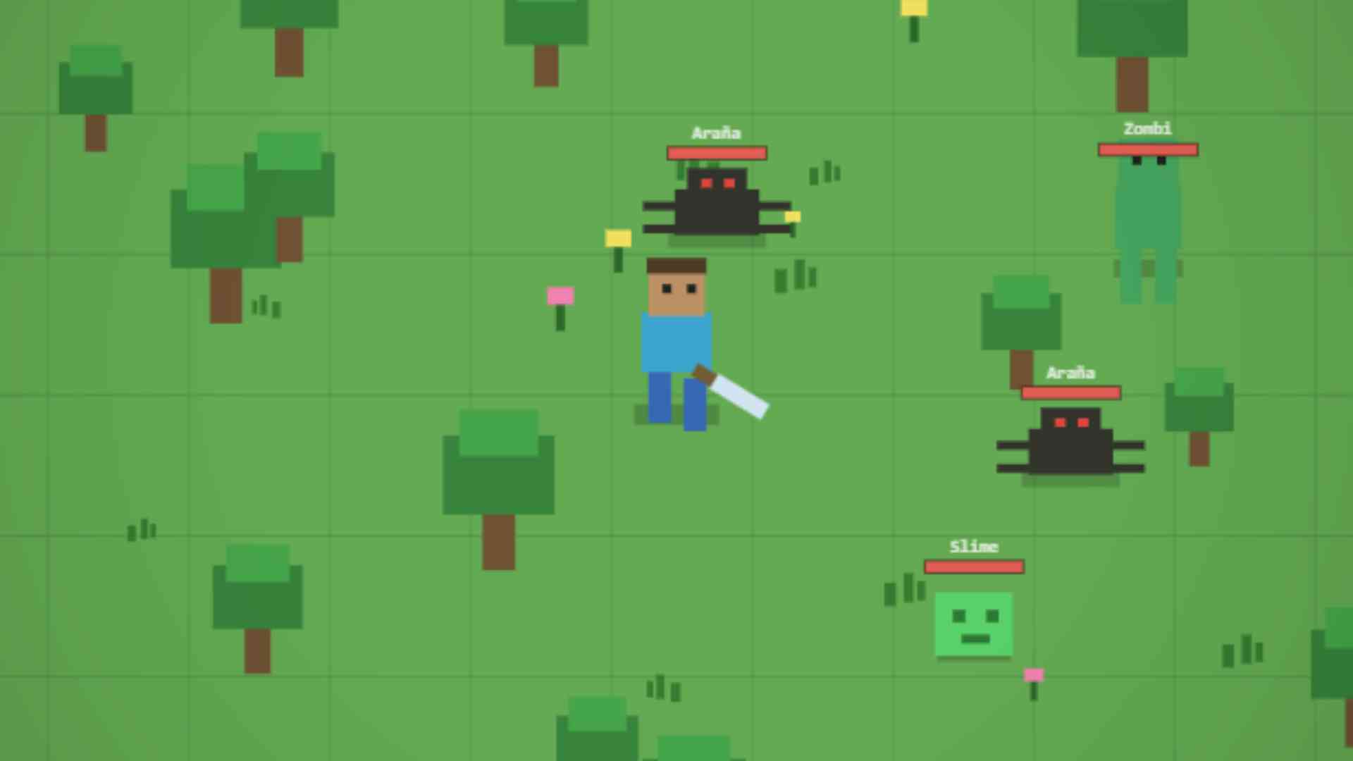 Jugador armado enfrentándose a zombis, arañas y slimes en un juego de supervivencia por oleadas estilo Minecraft.